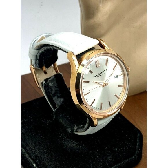 Akribos XXIV Women's Watch AK921 Quartz Rose Gold Silver Dial White Leather Band - Picture 13 of 13